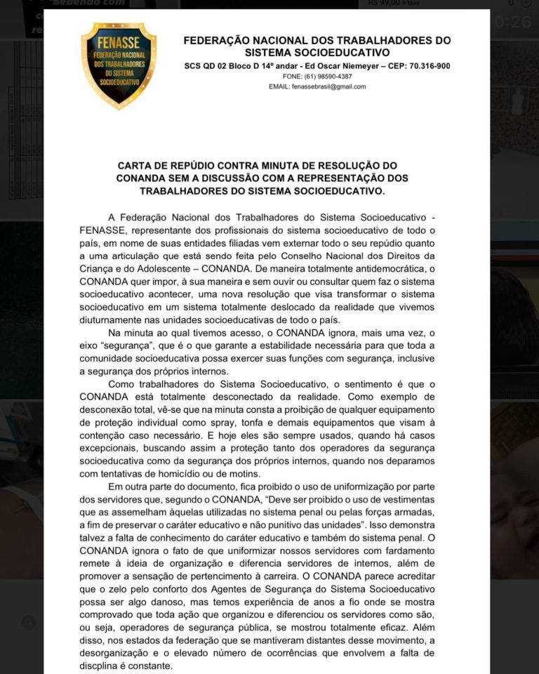 FENASSE Repudia Resolução do CONANDA Uma Ameaça à Democracia no Sistema Socioeducativo